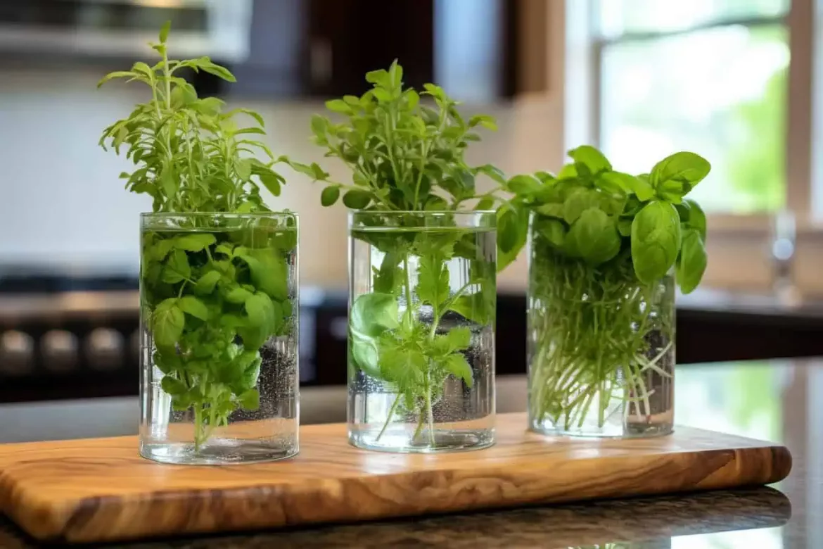 Zahrada tips squaddeepfx_growing_basil_rosemary_and_cilantro_in_vases_of_wat_3ebd9ba2-cbd0-49dc-97cd-aff687d7e5e8-1170x780 Jak na pěstování bylinek doma: Tipy a triky pro úspěšné pěstování Květiny Zahrada  Zahrada půda Květiny 